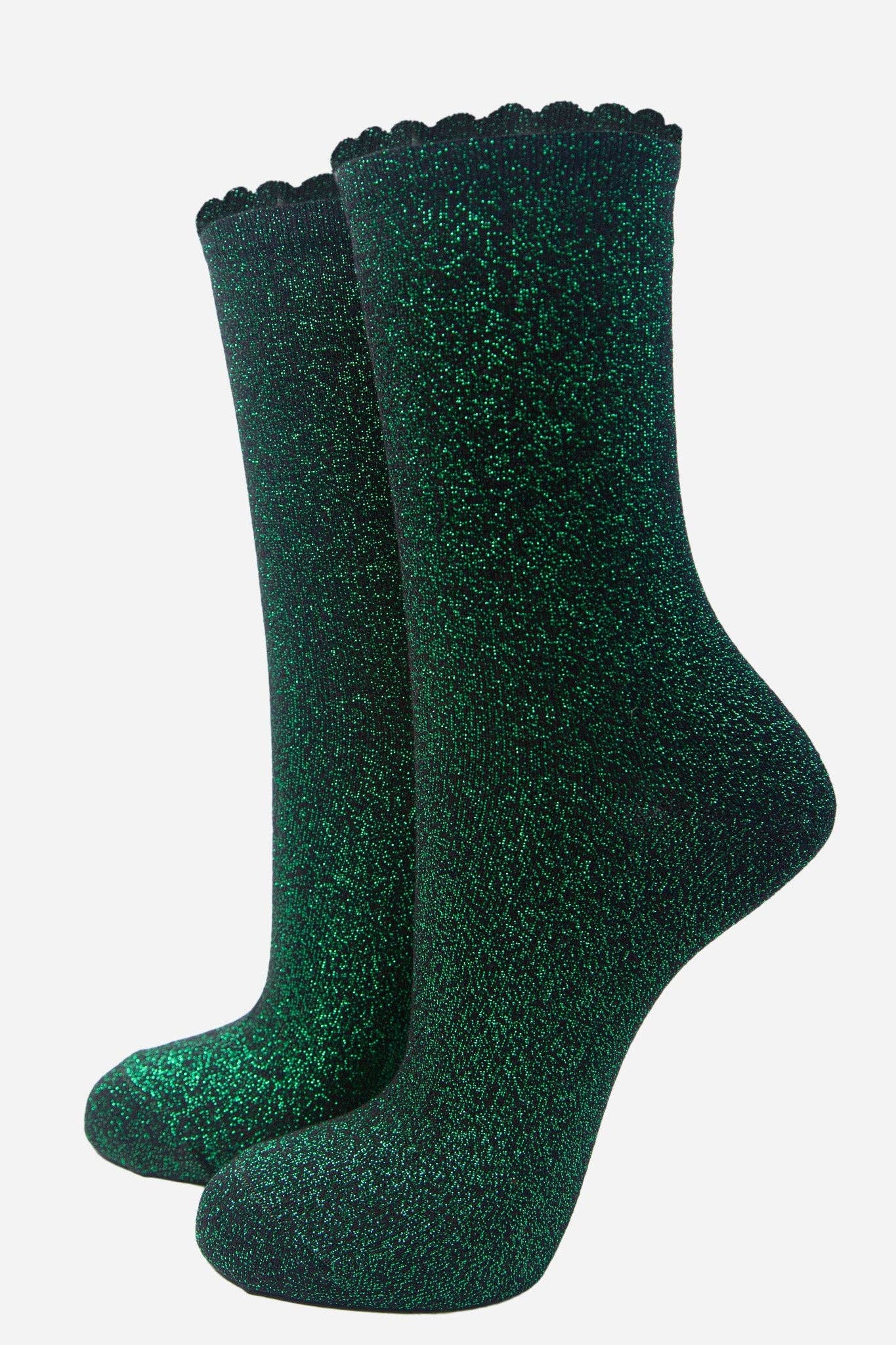 Black Bright Green Glitter Socks with Scalloped Cuff