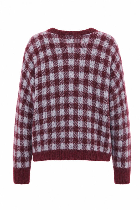 A long-sleeve knit sweater with a burgundy and white gingham check pattern, shown from the back against a plain white background.
