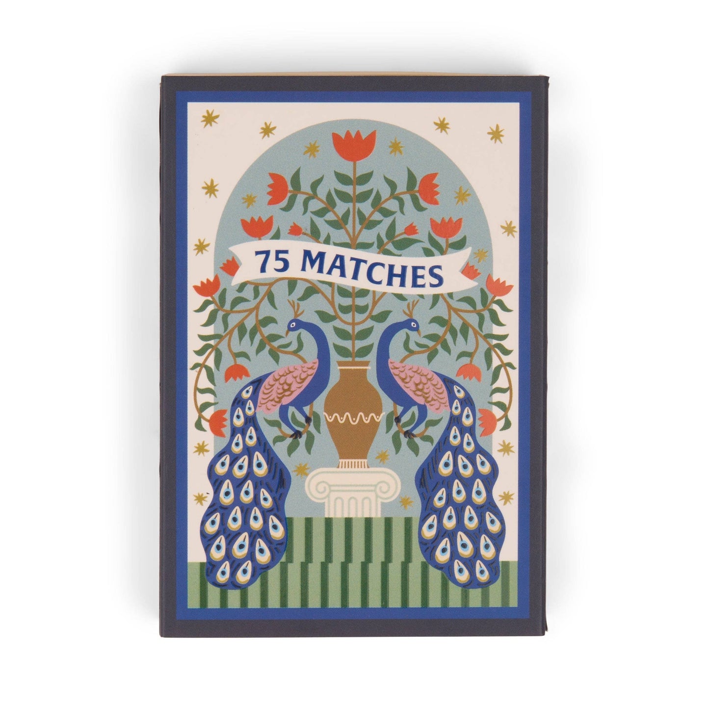Matches box with peacock design and '75 Matches' text on a white background