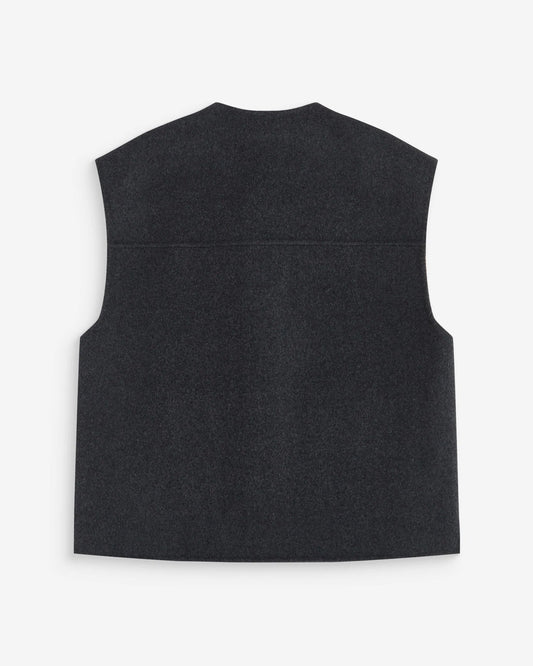A dark charcoal gray sleeveless knit vest shown from the back, laid flat against a clean white background.