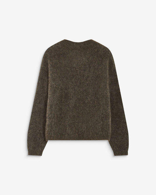 A dark brown textured knit sweater with long sleeves and a crew neck, shown from the back on a light gray background.