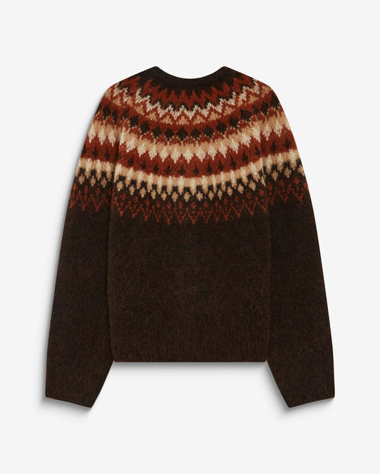 Brown sweater with a patterned neckline on a white background