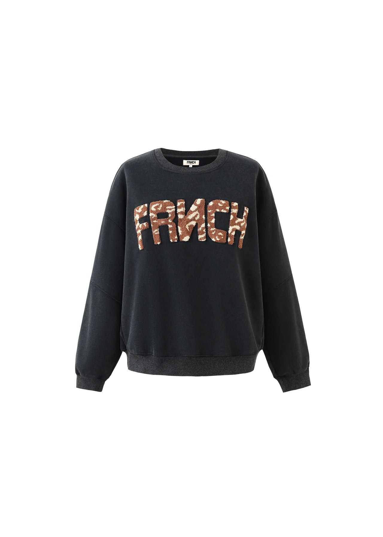 Black sweatshirt with 'FRANCK' text in leopard print on a white background