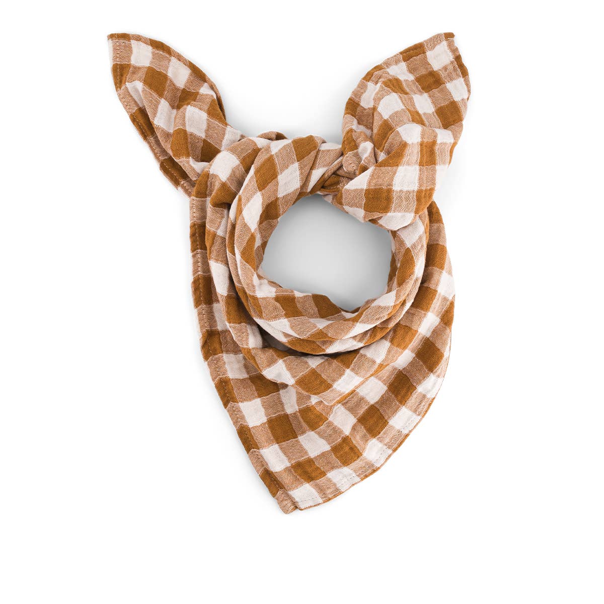 Brown and white checkered bandana with a knot on a white background