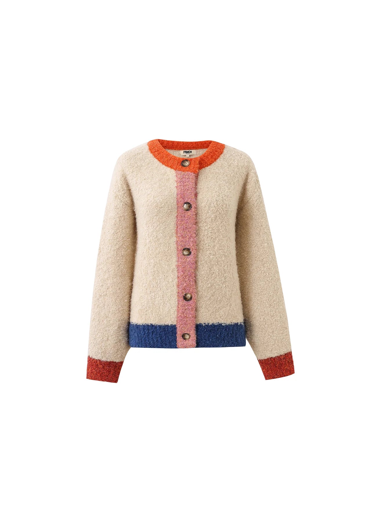 Beige cardigan with colorful trim on a white background