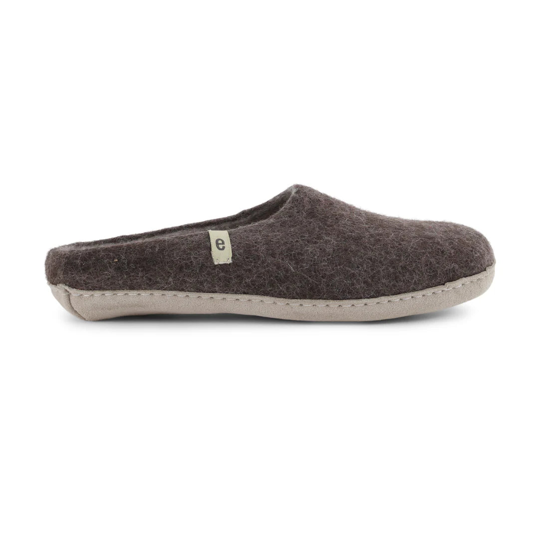 Felt wool slipper in chocolate brown on a white background