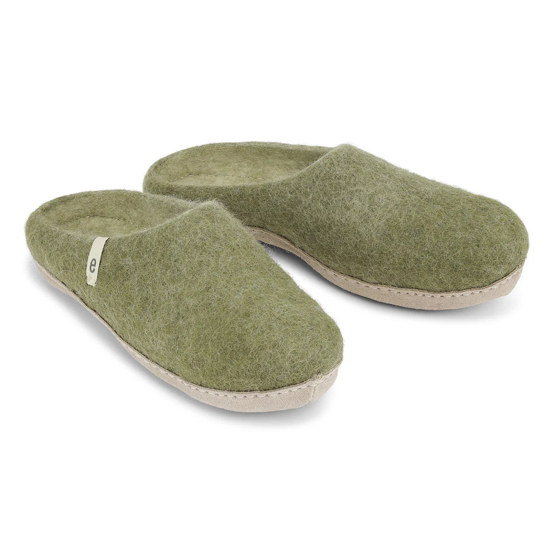 Pair of green slippers on a white background