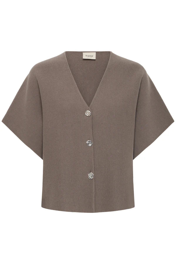 Brown cardigan with button details on a white background