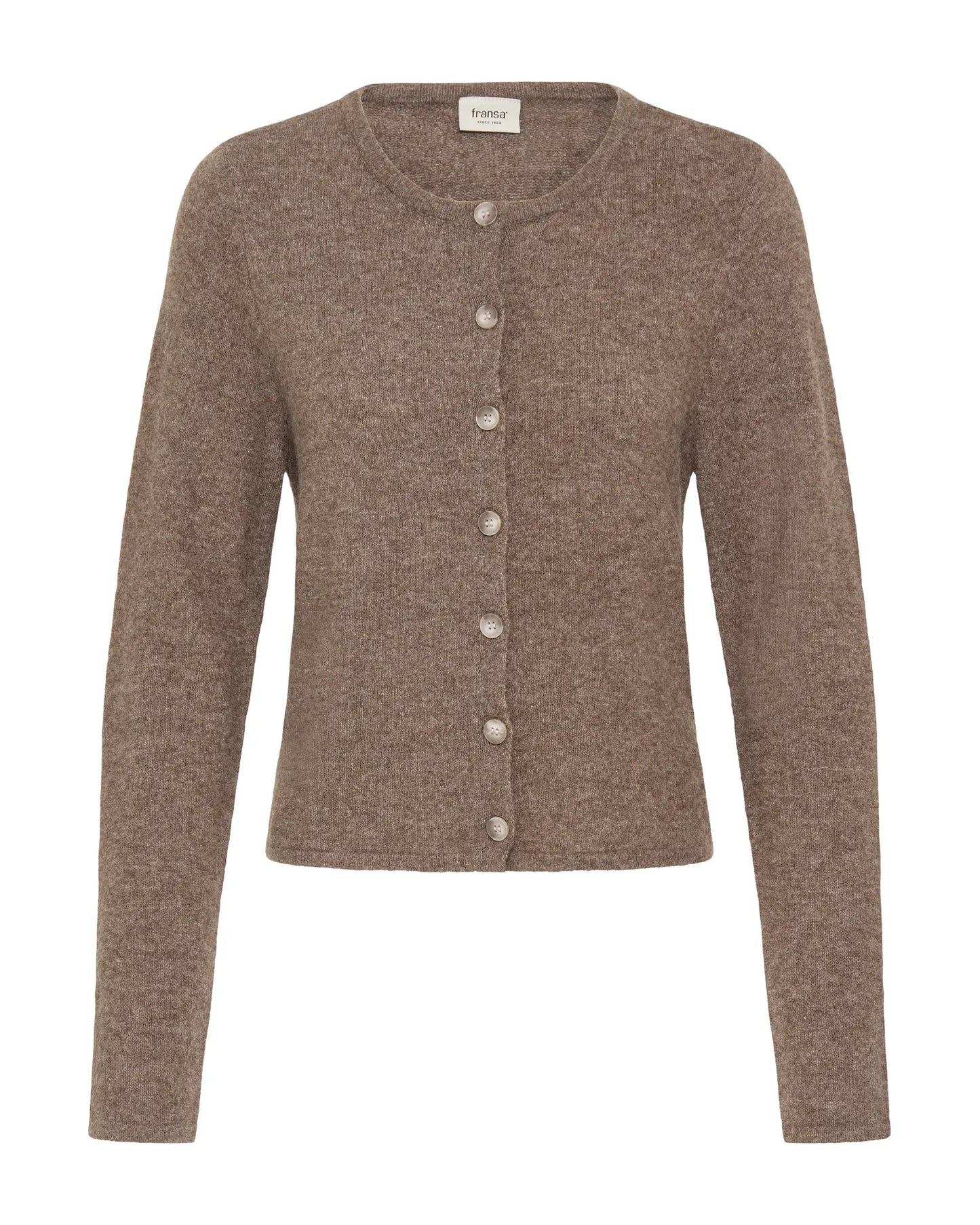 Brown cardigan with buttons on a white background