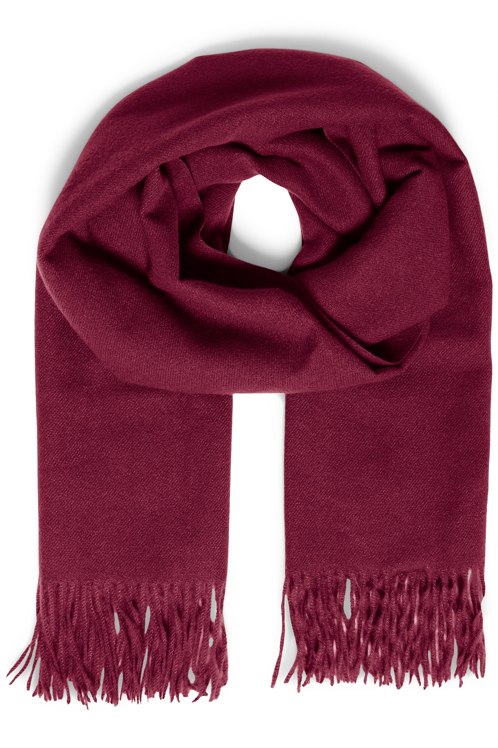 Burgundy scarf with fringes on a white background
