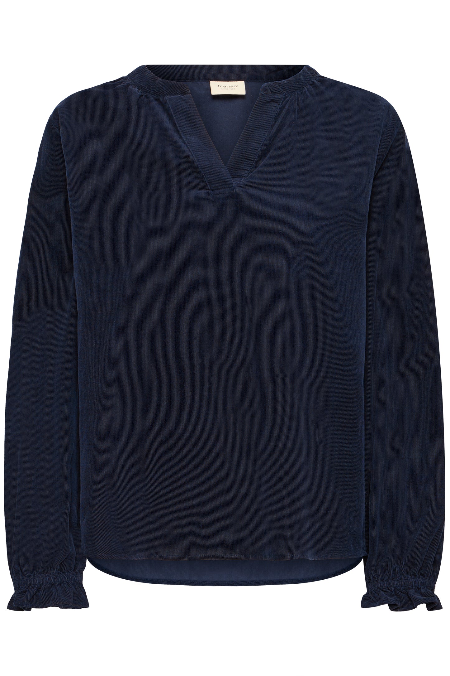 Navy blue blouse with long sleeves on a white background
