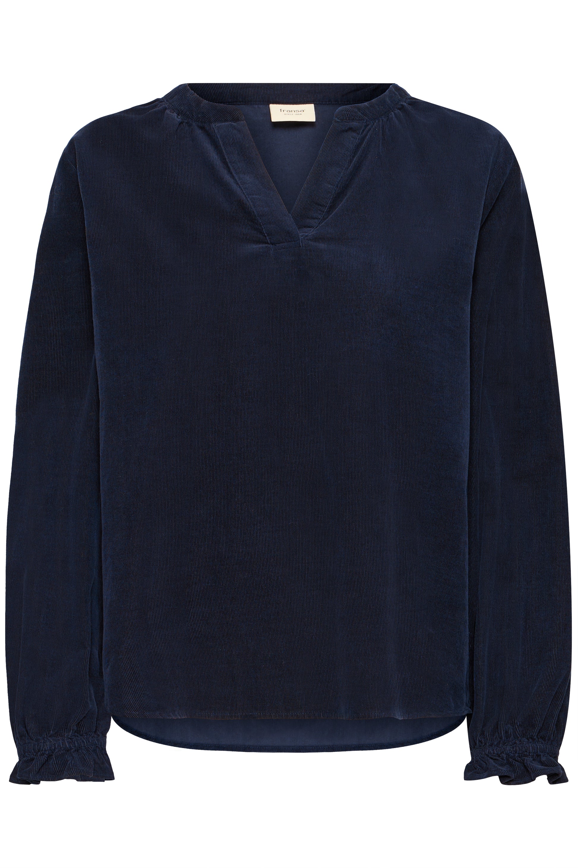 Navy blue blouse with long sleeves on a white background