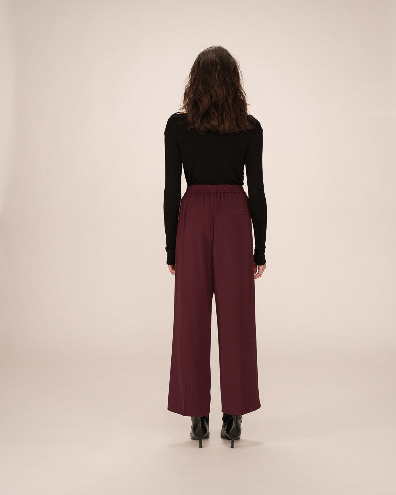 Person wearing a black long-sleeve top and maroon high-waisted pants on a plain background
