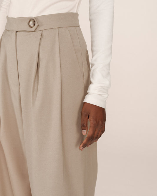 Beige pleated pants worn with a white long-sleeve shirt on a neutral background