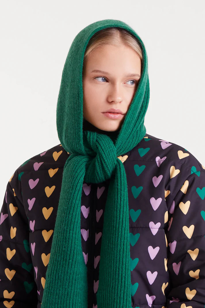 Person wearing a green hooded scarf with a patterned shirt underneath on a light gray background
