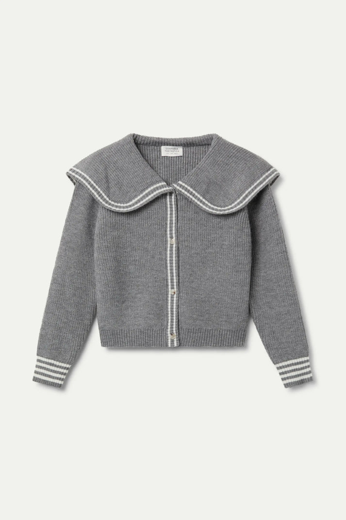 Gray knitted cardigan with a sailor collar on a white background