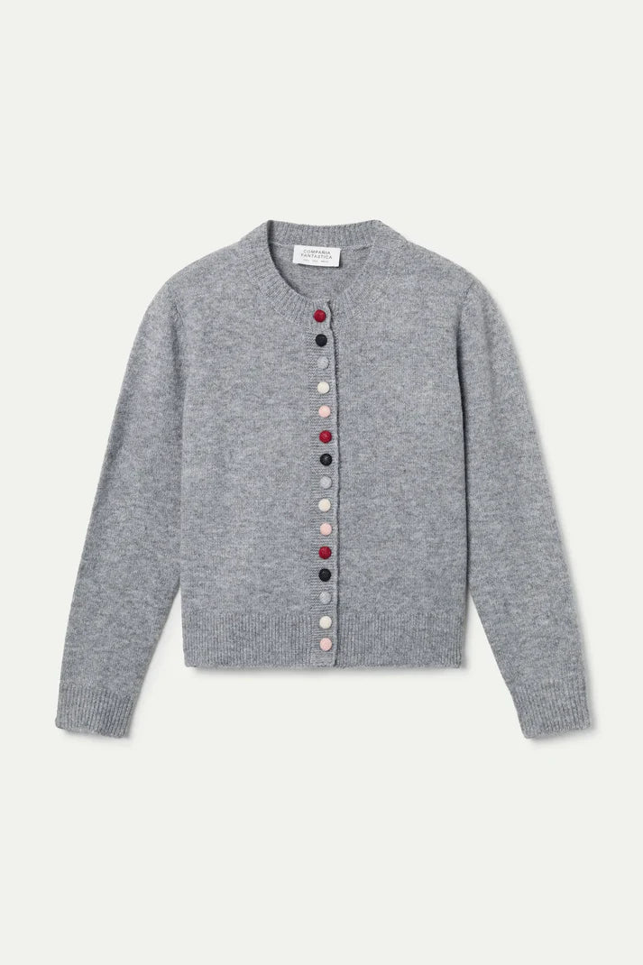 Gray cardigan with colorful buttons on a light gray background