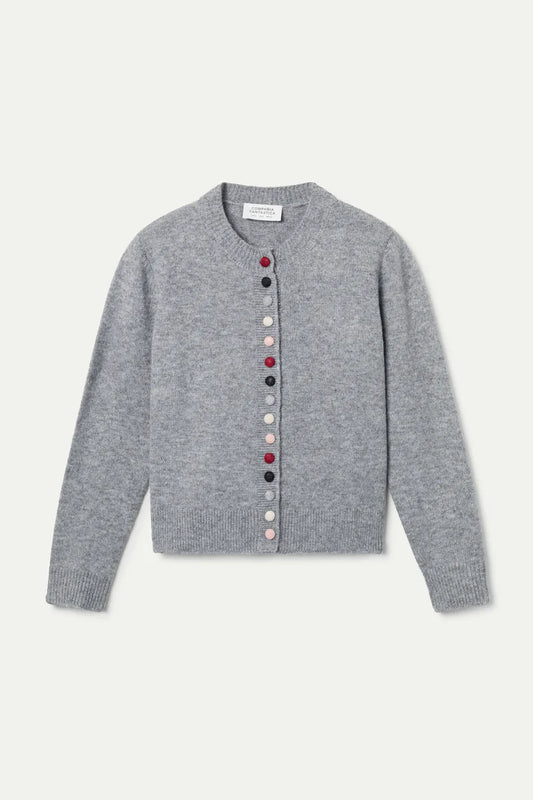 Gray cardigan with colorful buttons on a light gray background