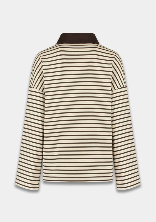 A long-sleeve knit top with horizontal beige and dark brown stripes, featuring a solid dark brown mock neck collar, shown from the back on a light gray background.