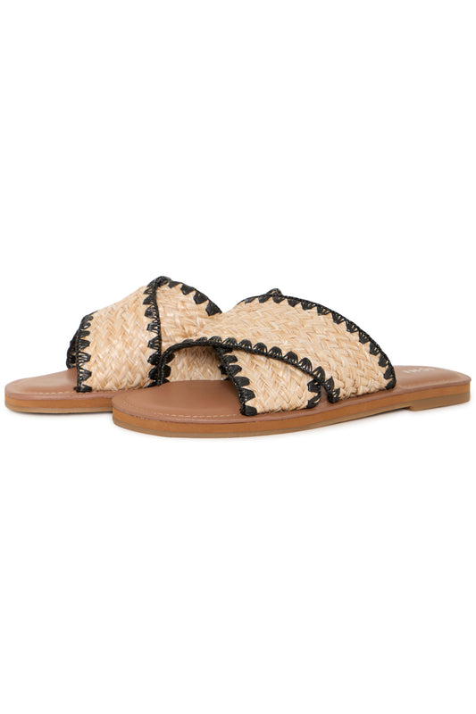Pair of raffia sandals with black accents on a white background