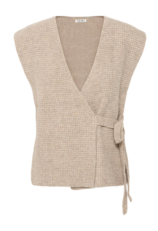 Beige woven vest with a belt on a white background