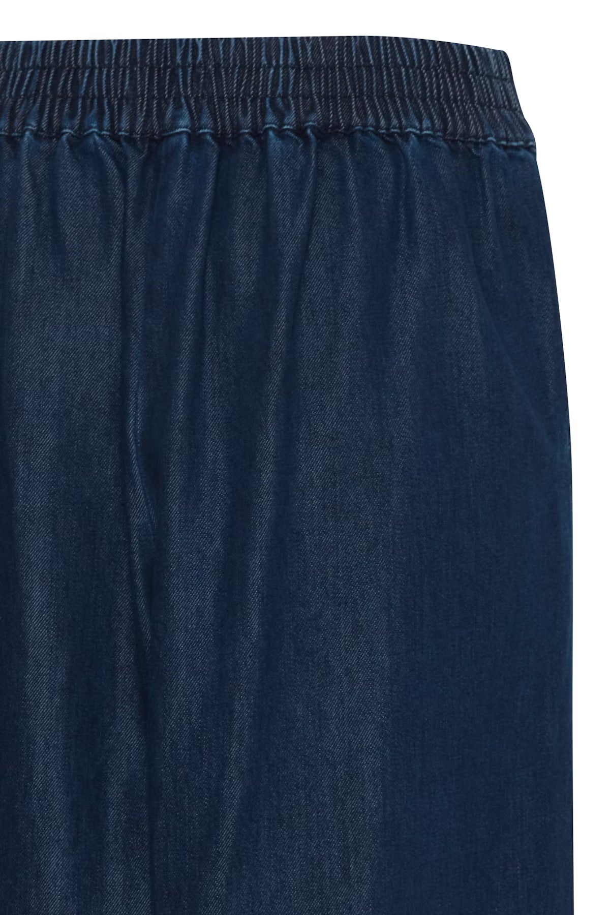 Navy blue trousers with a close-up of the waistband on a white background