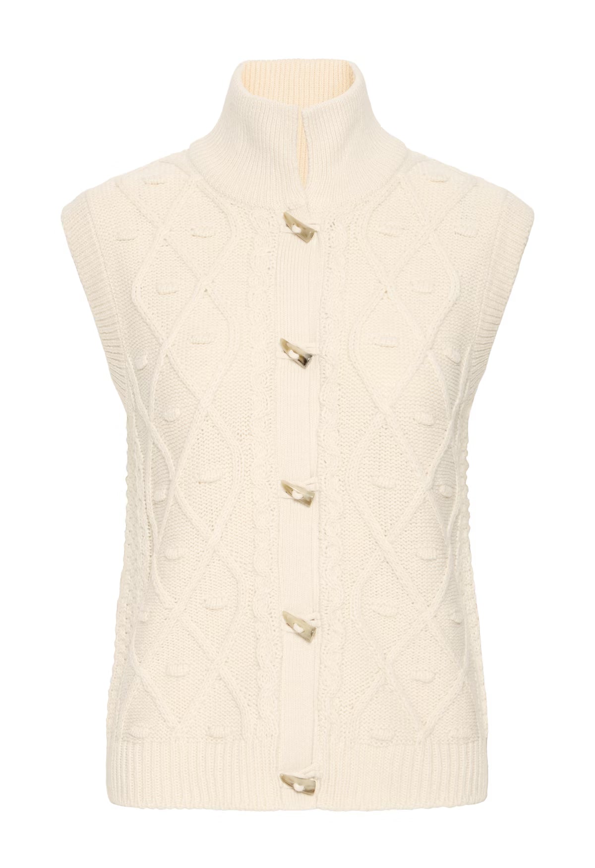 Cream-colored vest on a mannequin with a white background