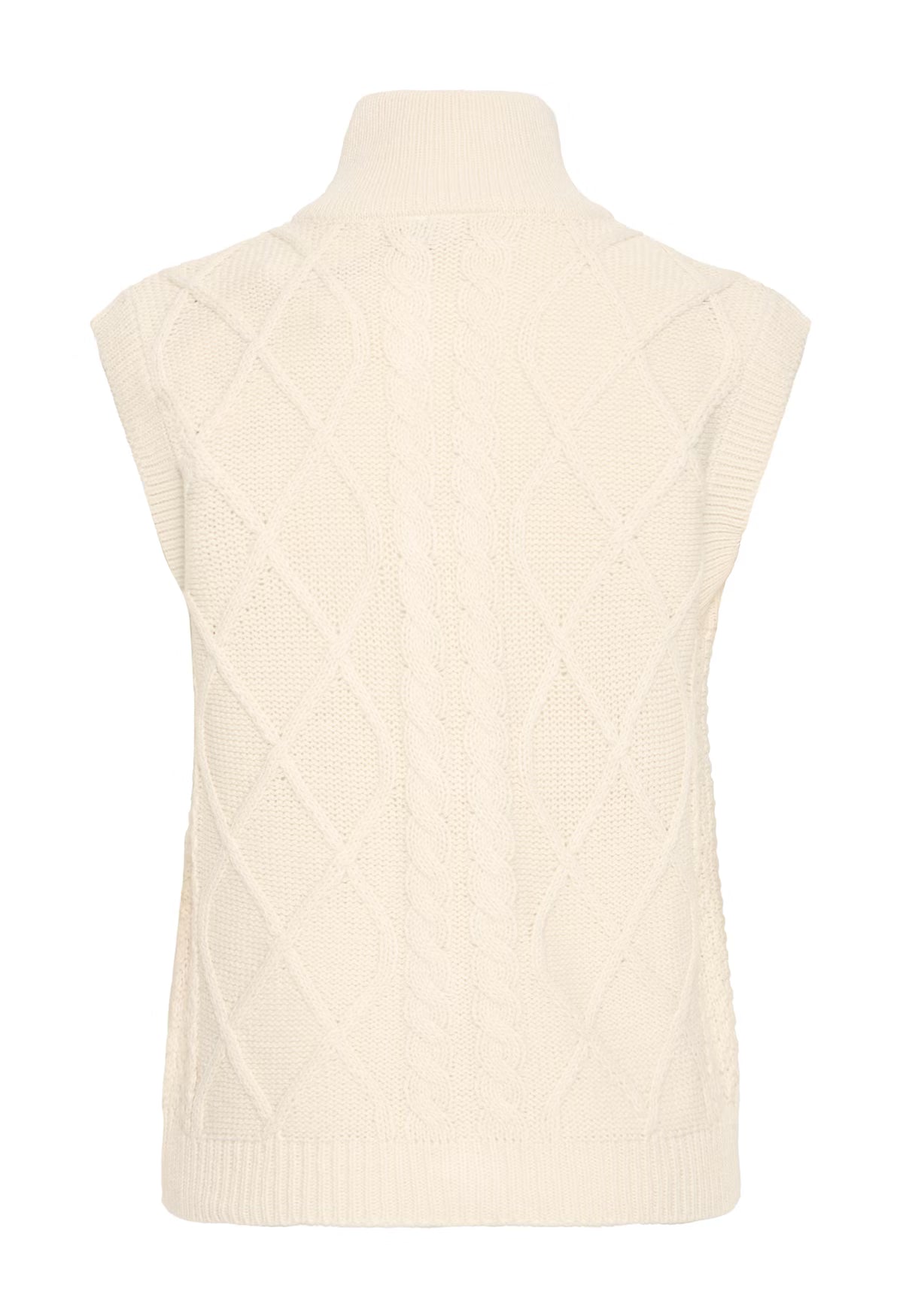 Beige sleeveless knitted vest on a mannequin against a white background