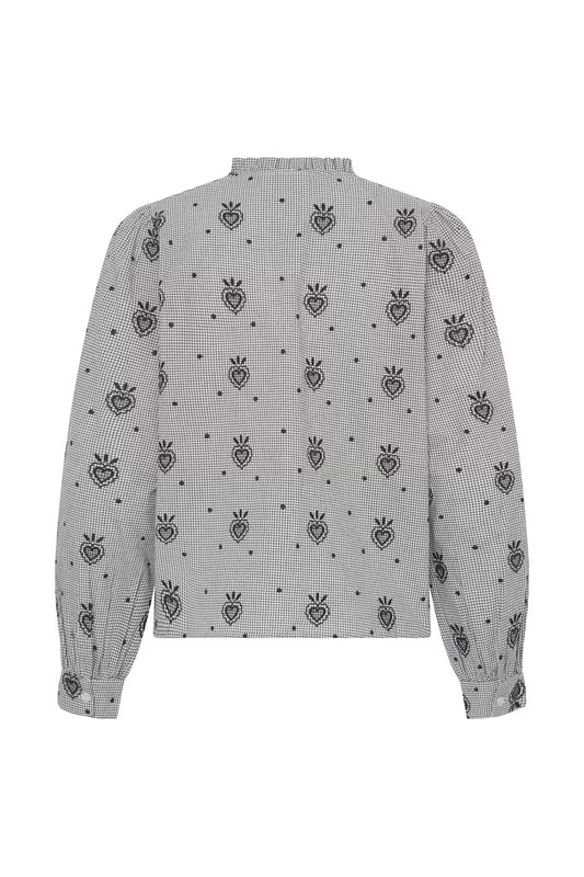 A light gray long-sleeve blouse with a black gingham pattern, featuring a high ruffled collar and an allover print of small hearts and floral motifs, shown against a plain white background.
