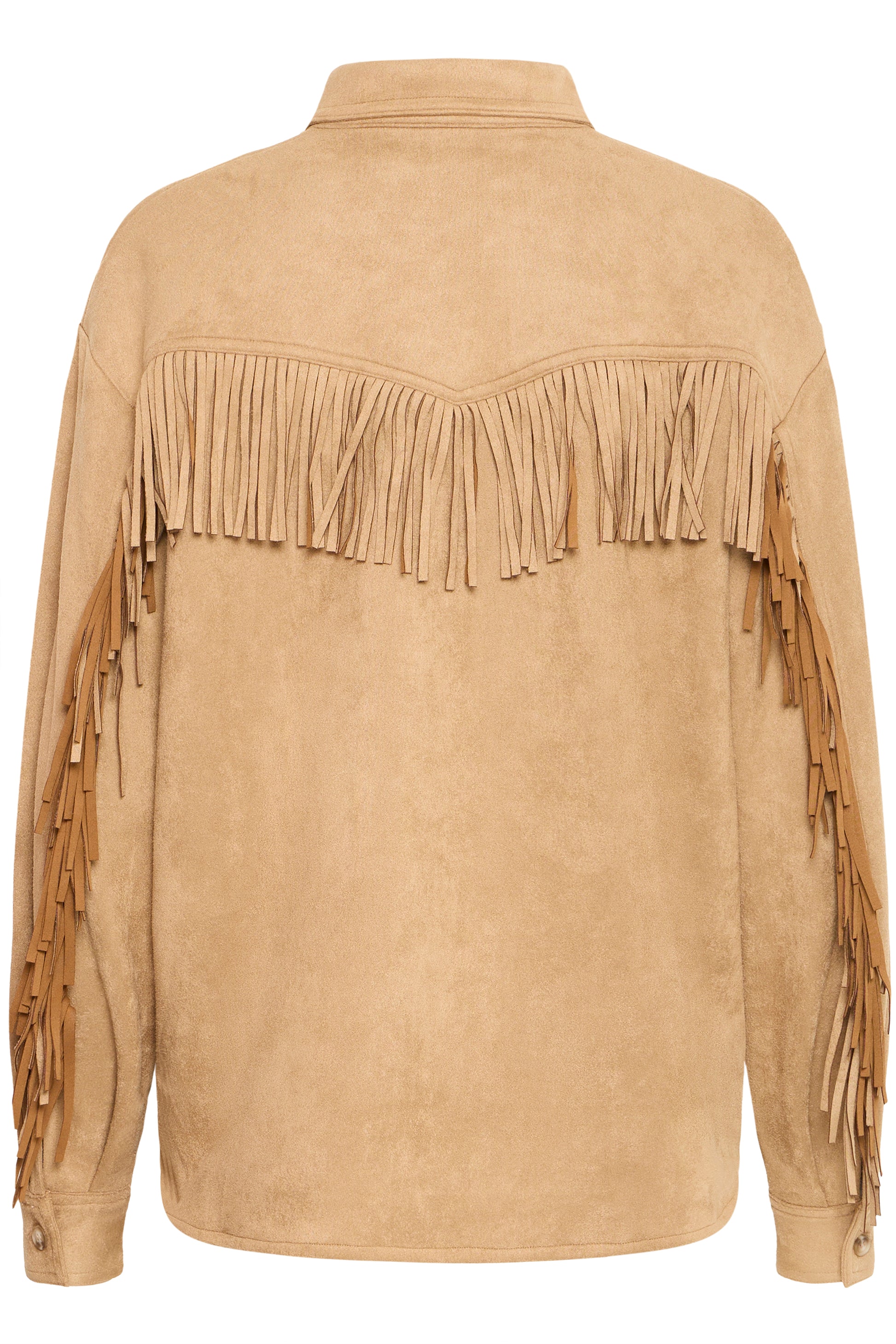 Beige suede jacket with fringe details on a white background