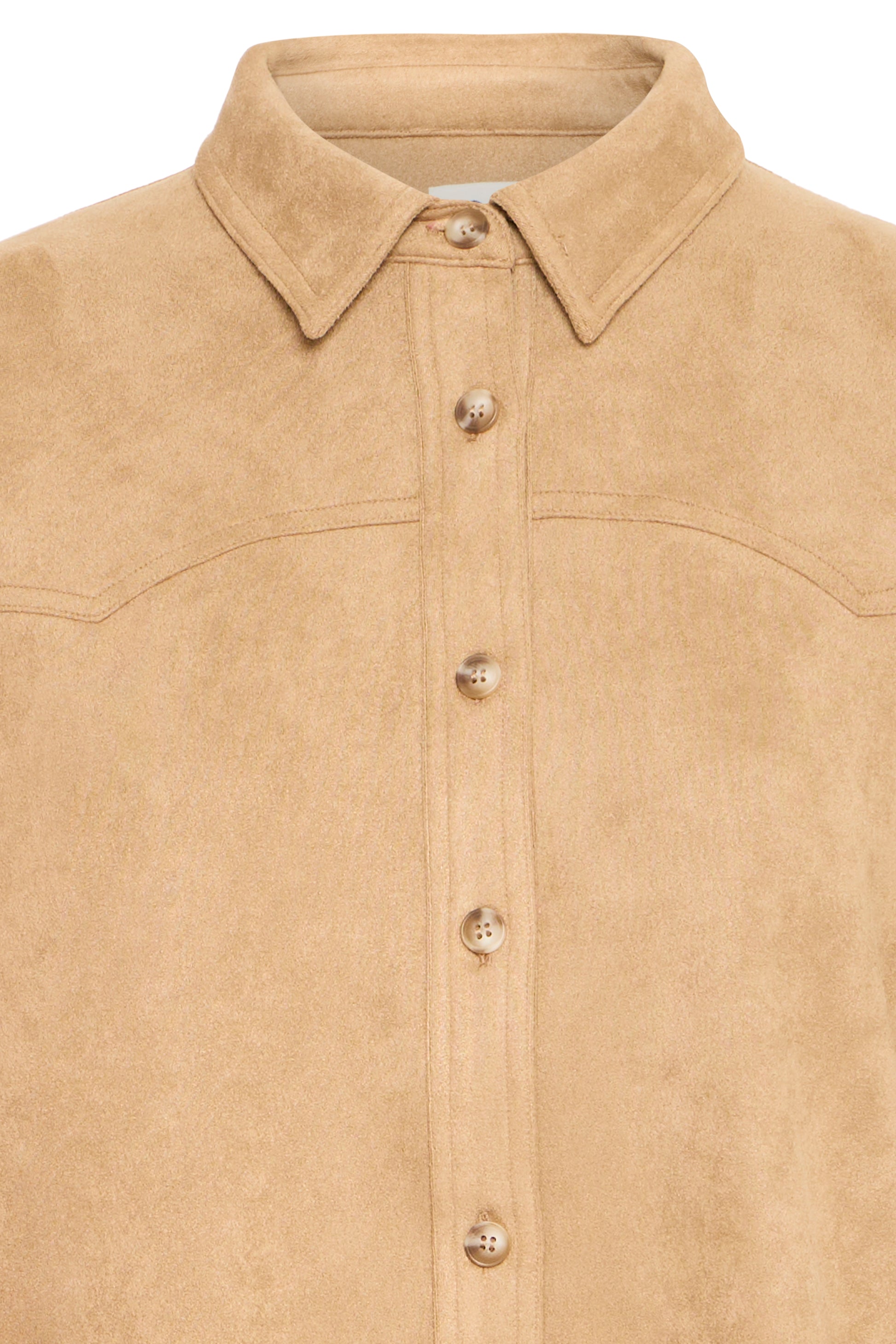 Beige suede shirt with button details on a beige background