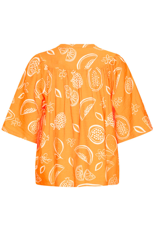 Orange kimono-style garment with white fruit pattern on a white background