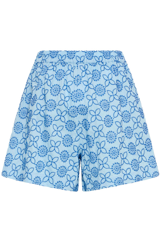 Blue floral-patterned shorts on a white background