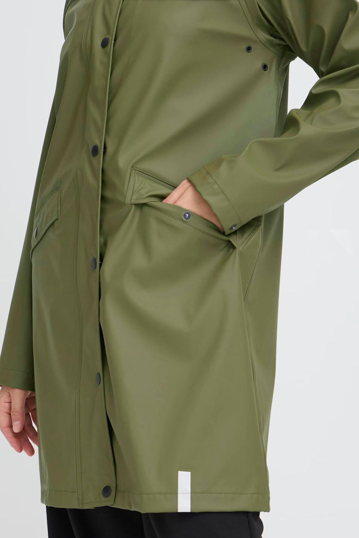 Green raincoat with a white stripe on a light gray background