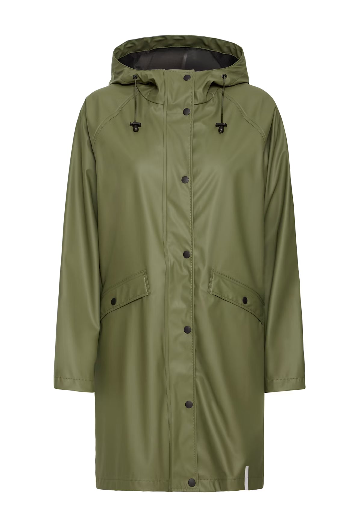 Green raincoat with black buttons on a white background