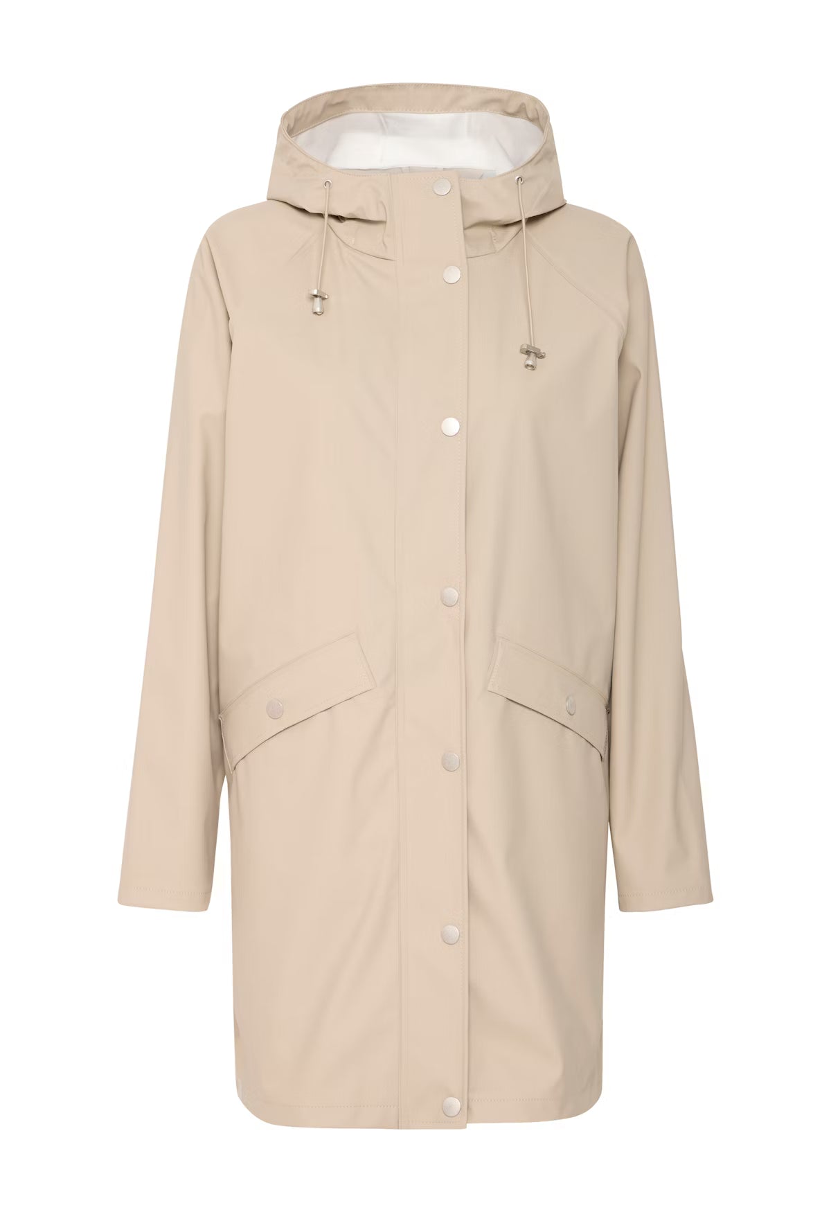 Beige raincoat with a hood on a white background