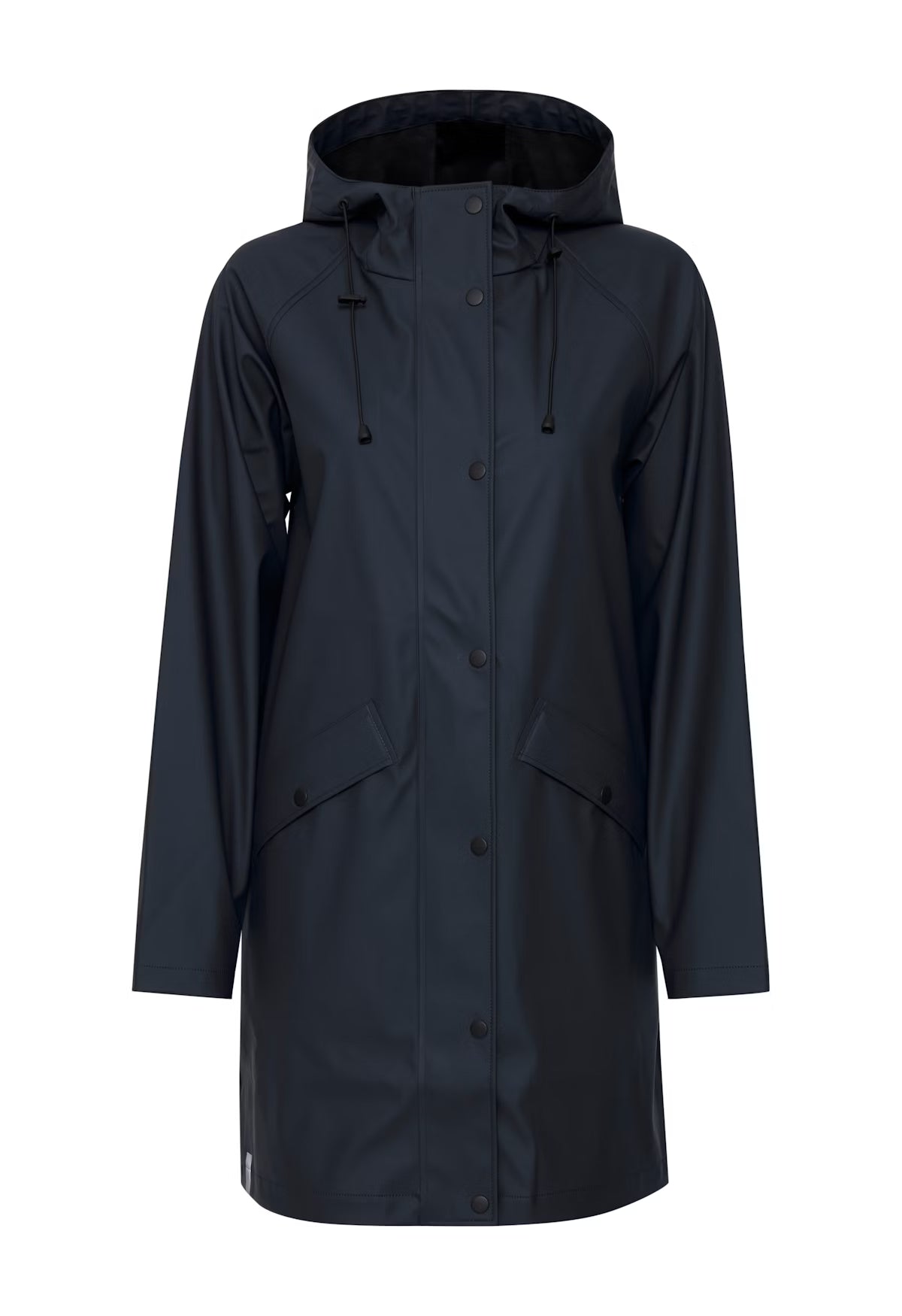 Navy blue raincoat with a hood on a white background