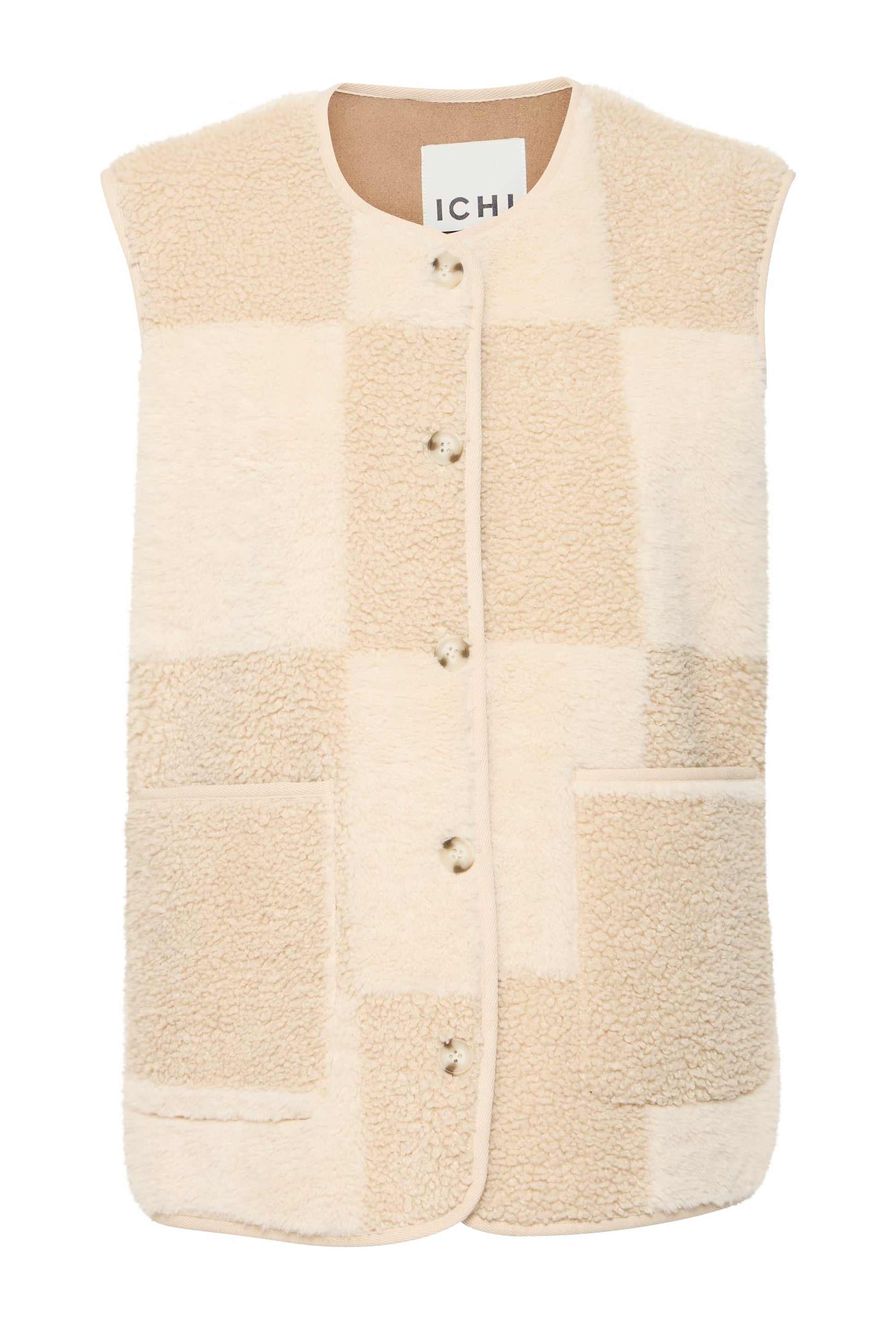 Beige fleece vest with button details on a white background