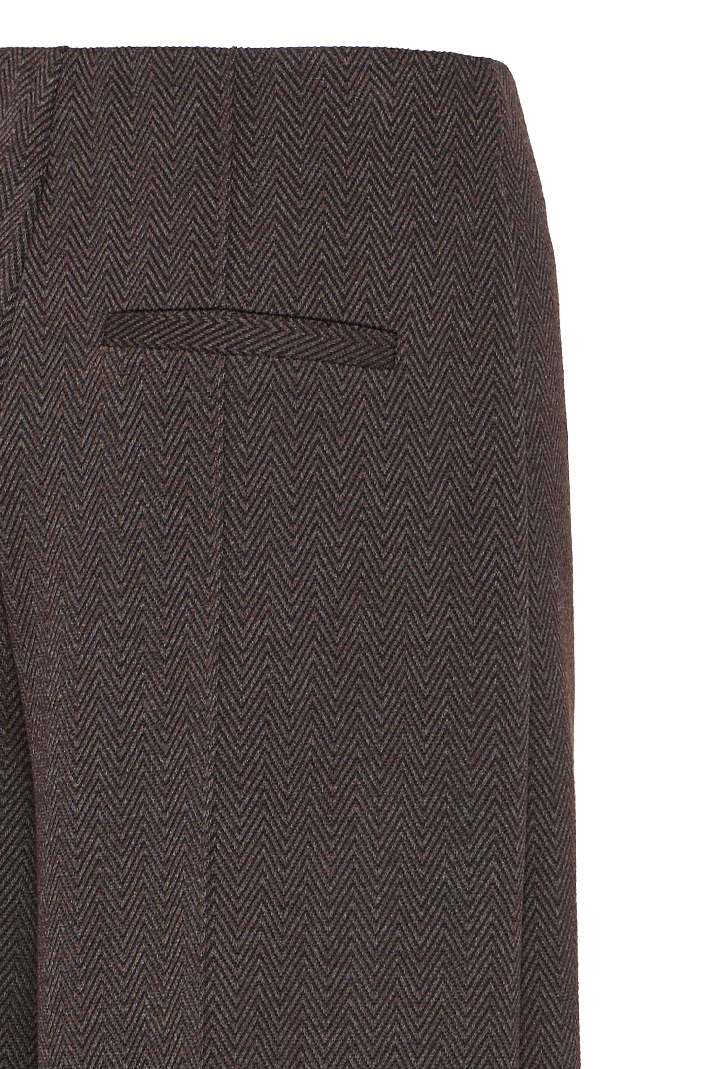 Close-up of a gray herringbone patterned suit pocket on a white background
