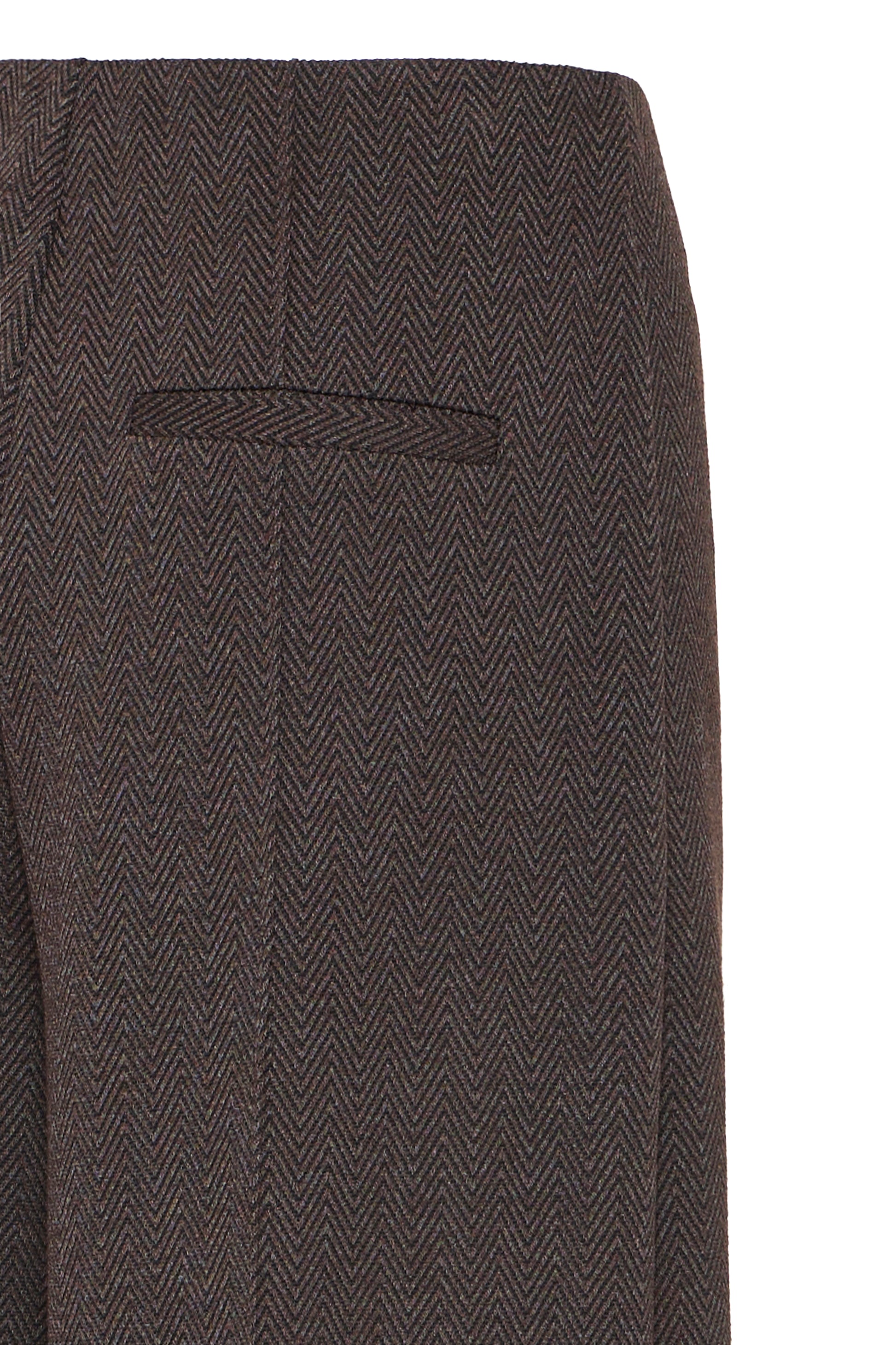 Close-up of a gray herringbone patterned suit pocket on a white background