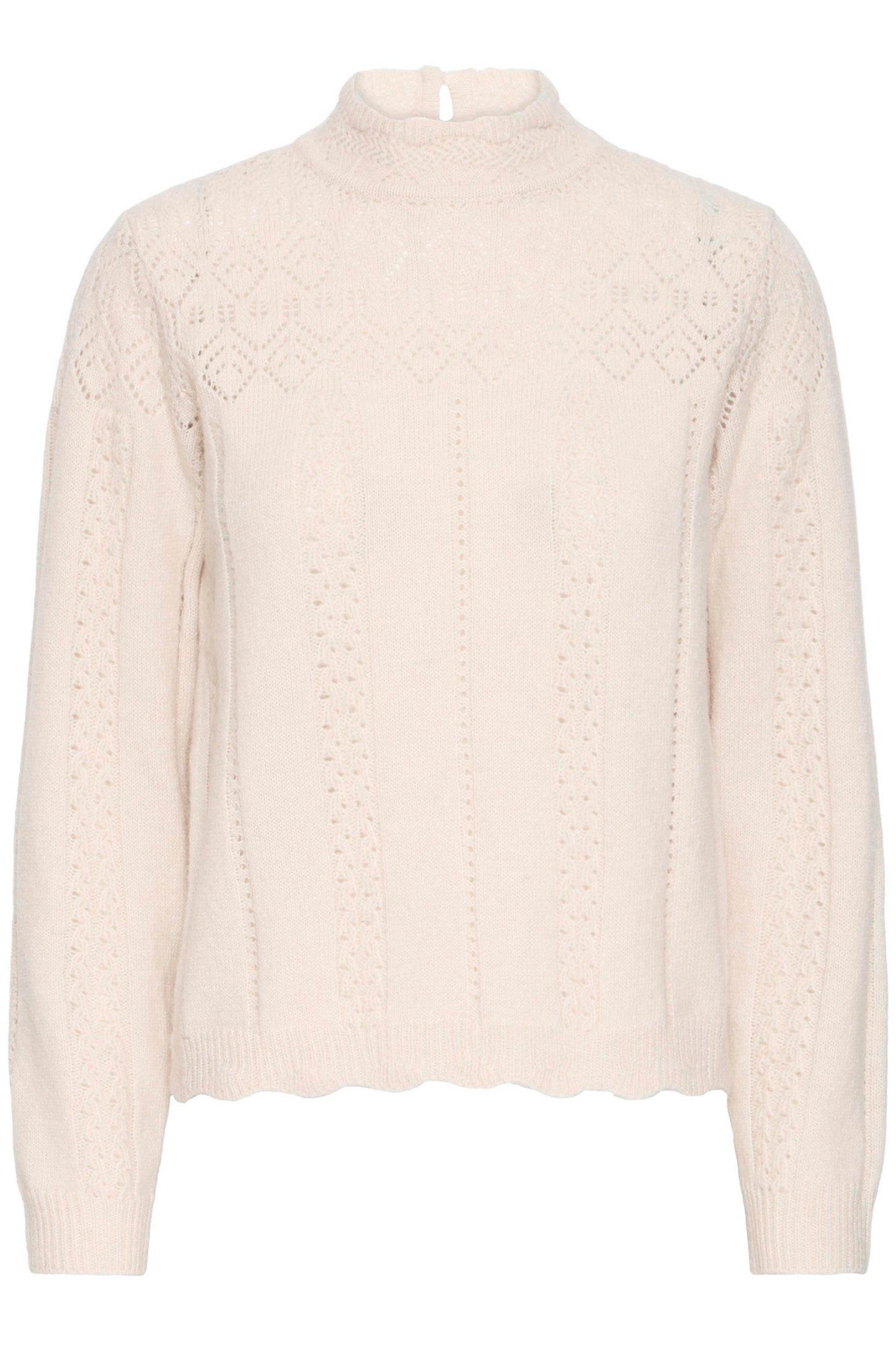 Beige cable knit sweater on a white background