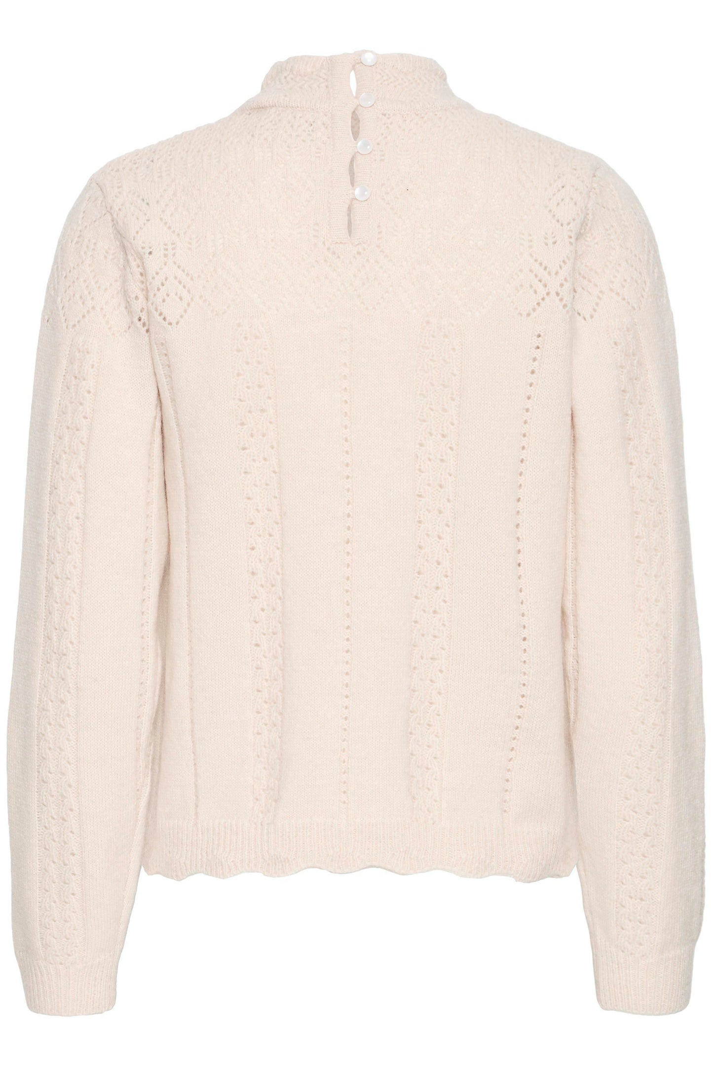 Beige cable knit sweater on a white background