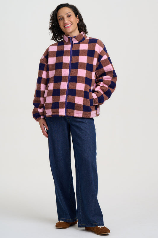 Hartley Zip Up Fleece - Navy/Pink Check