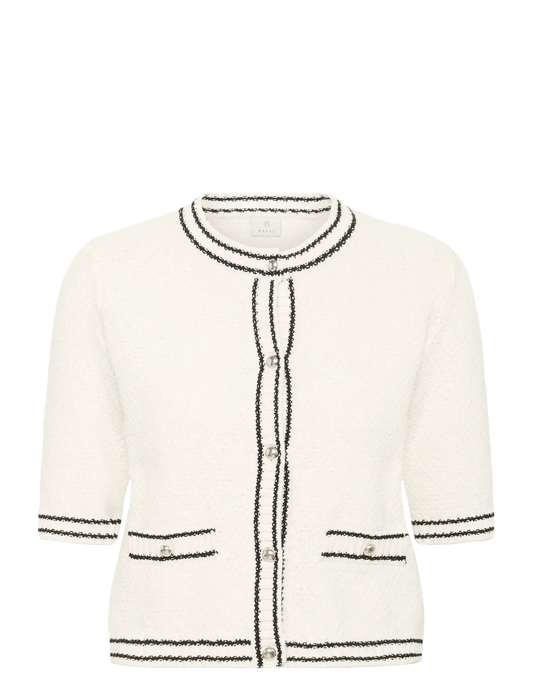 White cardigan with black trim on a white background