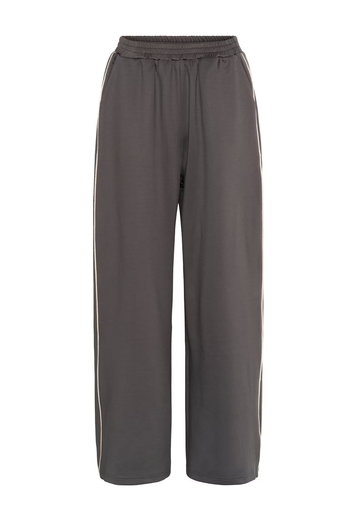 Dark gray wide-leg pants with a subtle pattern on a white background
