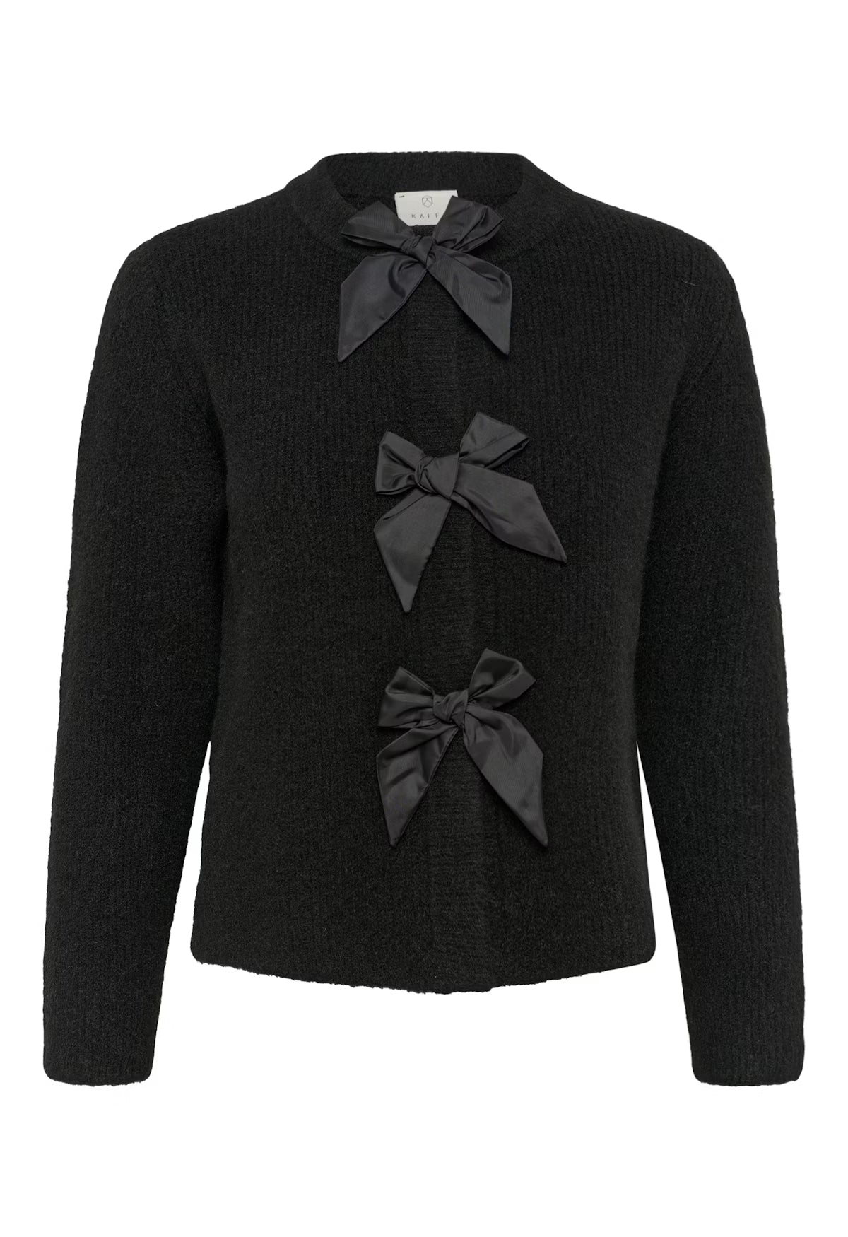 Black cardigan with bow details on a white background