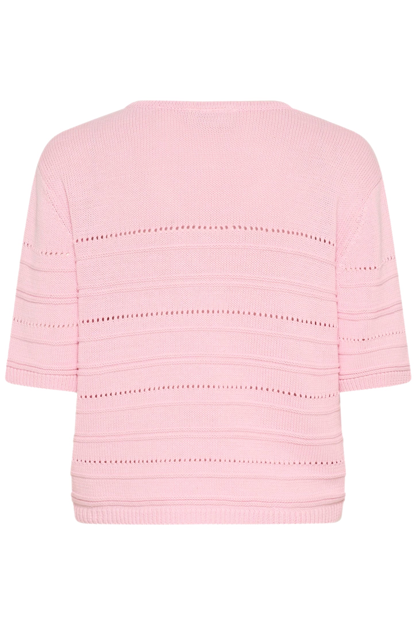 Pink knit top with textured pattern on a white background