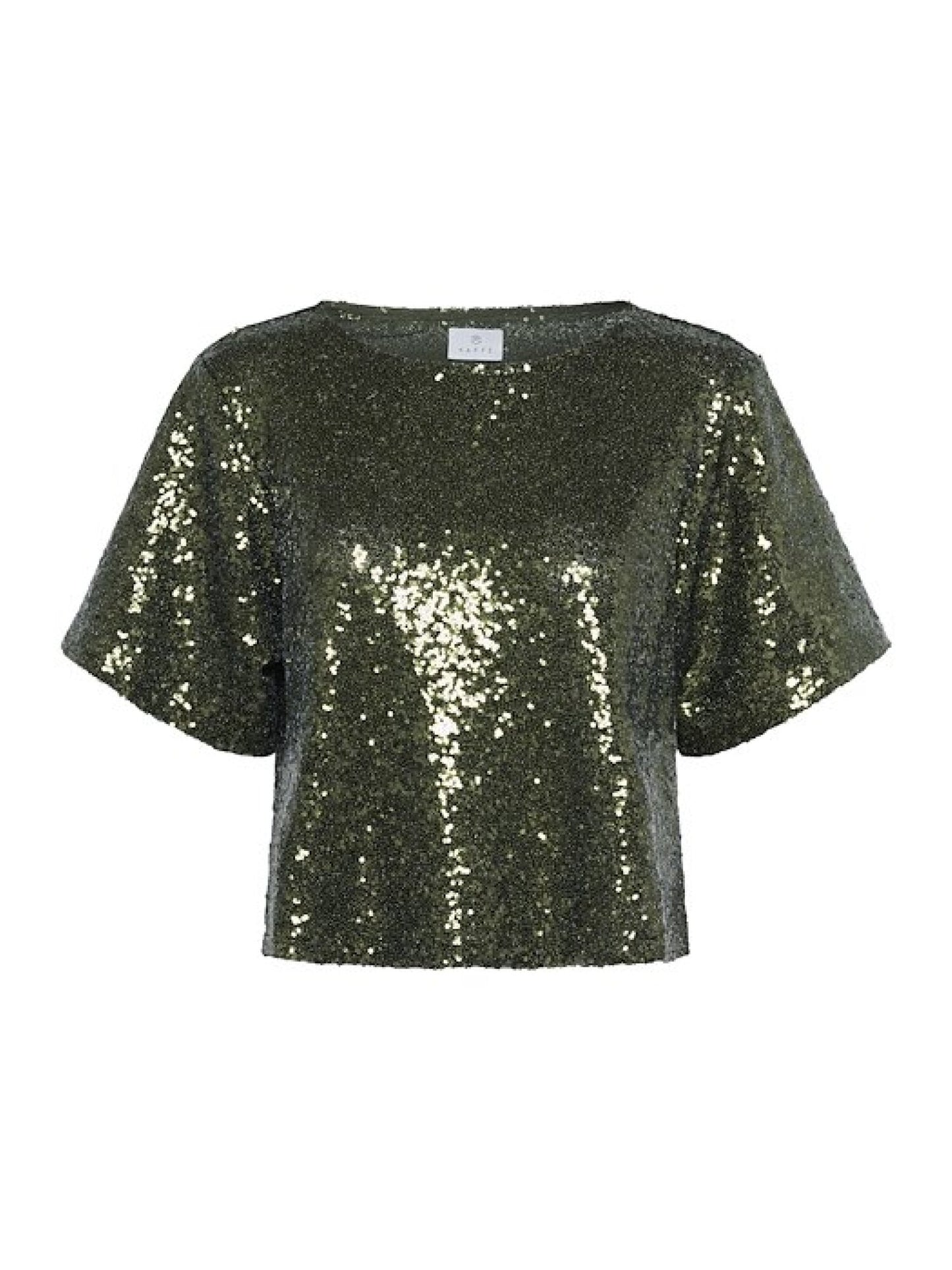 Green sequin top on a white background