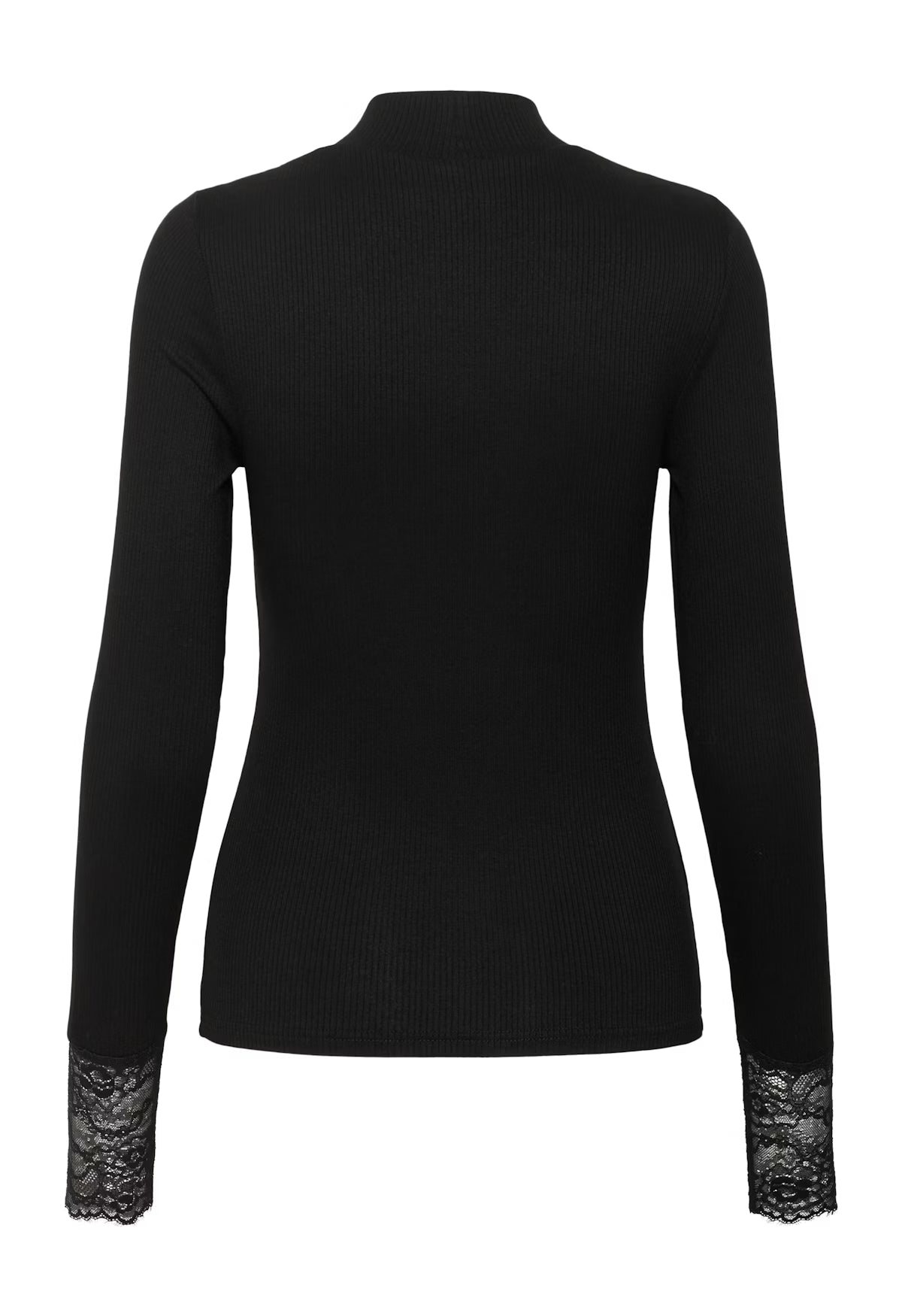 Black long-sleeve top with lace cuffs on a white background