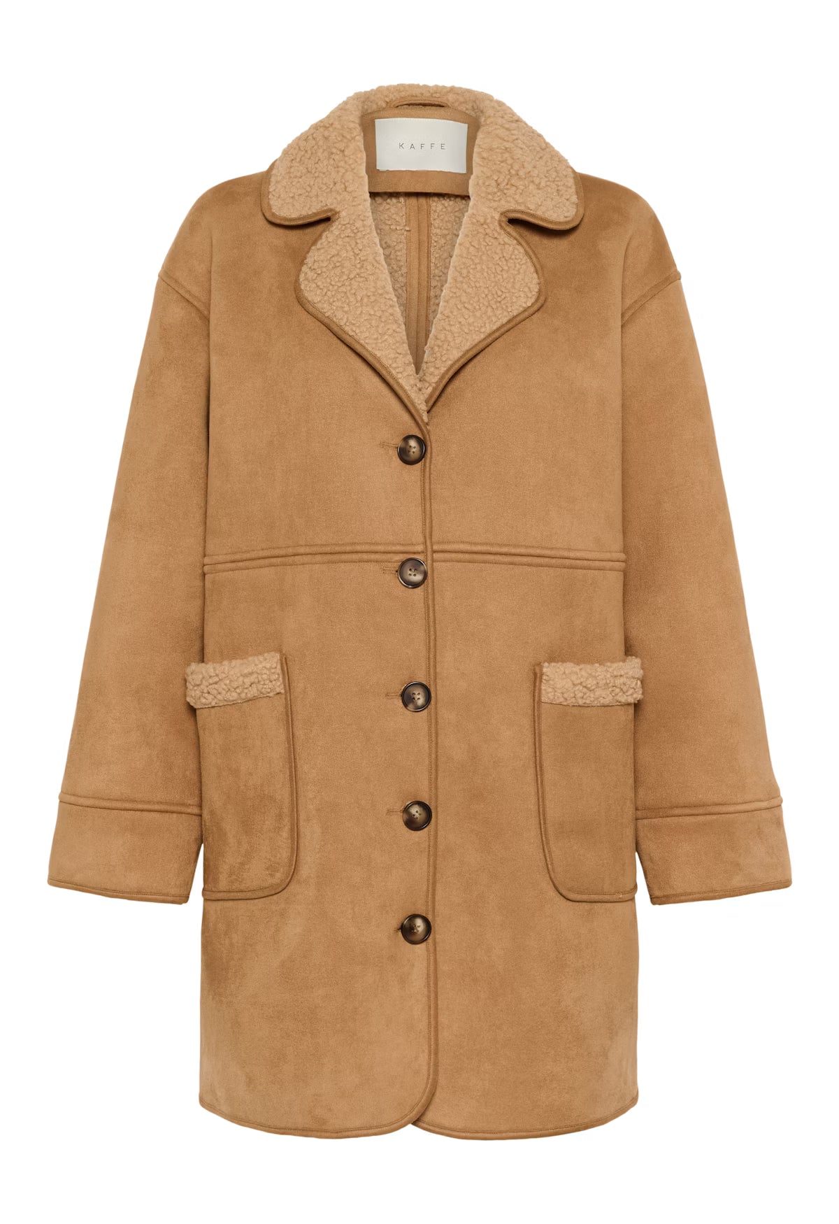 Brown coat with shearling collar and pockets on a white background